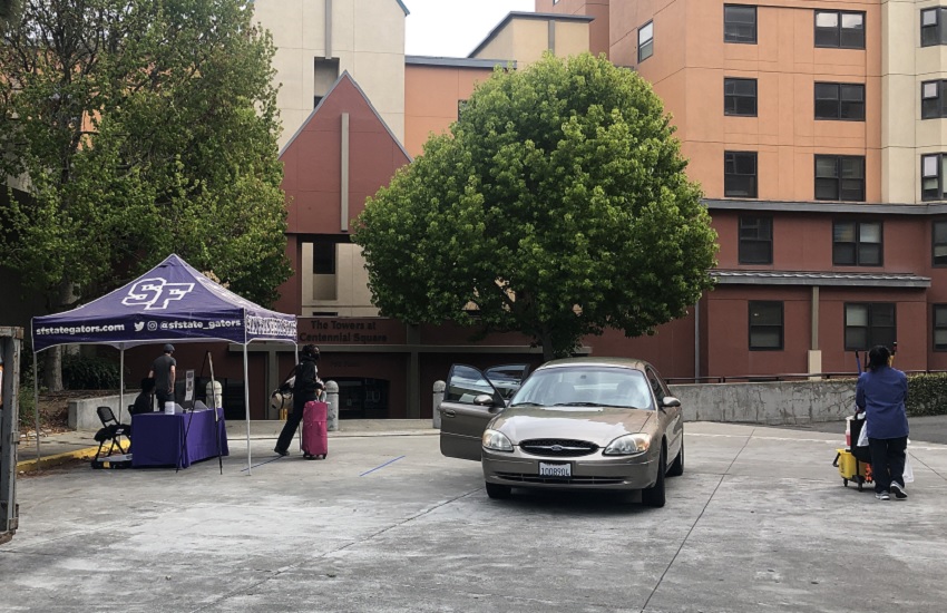 A car sits outside an SF State dorm
